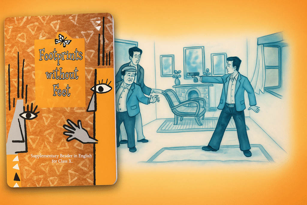 Combined thumbnail showing NCERT Class 10 Footprints Without Feet Chapter 3 “The Midnight Visitor” cover and scene illustration.
