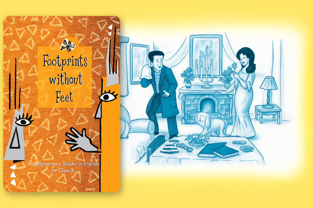 Combined thumbnail showing NCERT Class 10 Footprints Without Feet Chapter 4 “A Question of Trust” cover and scene illustration.