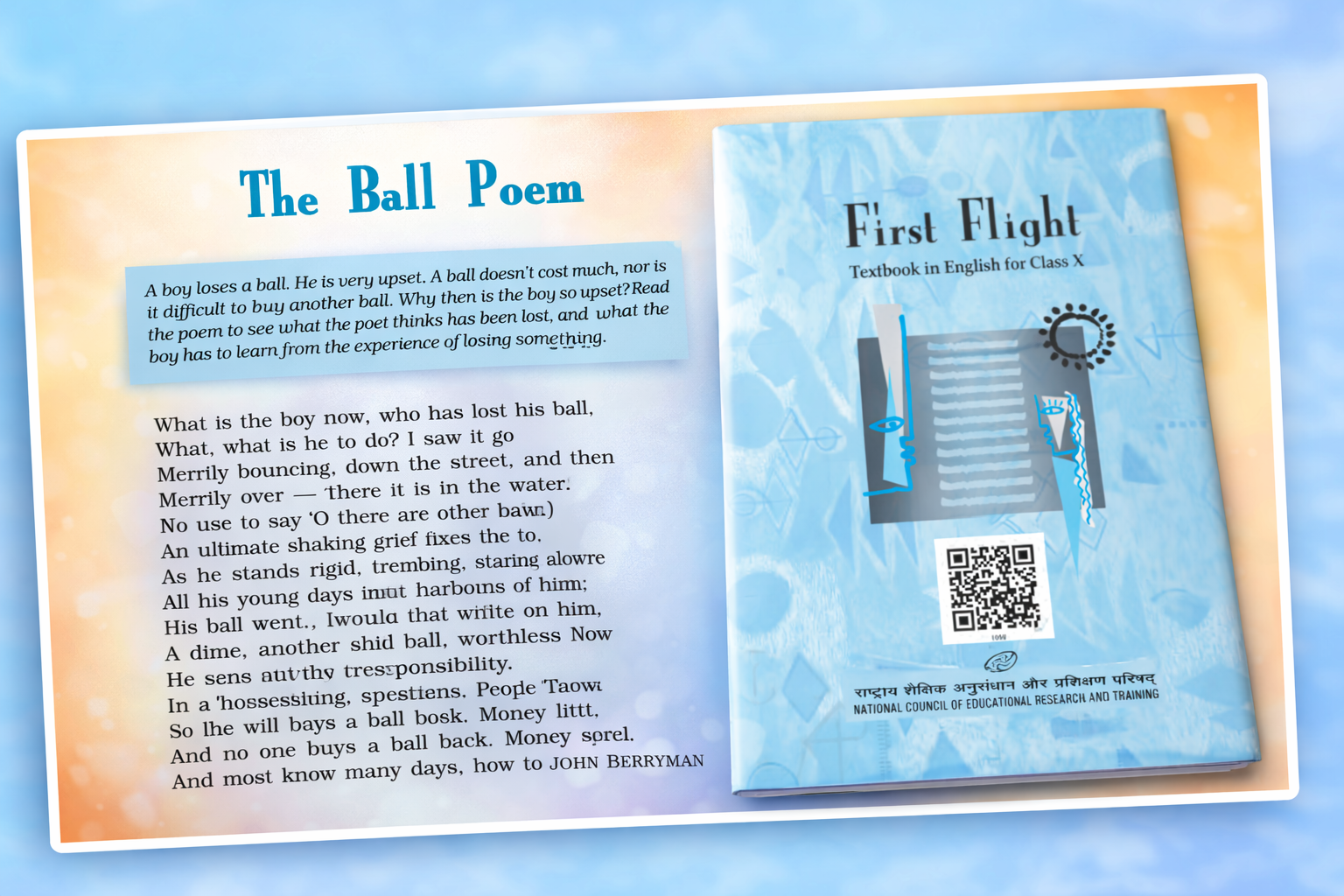 Class 10 CBSE First Flight book cover with The Ball Poem chapter three part four lesson page